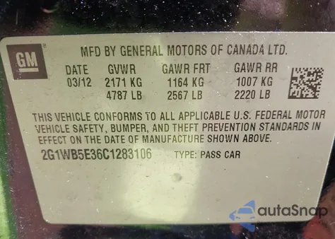 2012 Chevrolet Impala Lt z USA, uszkodzony, nr VIN 2G1WB5E36C1283106